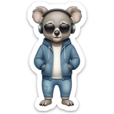 anthropomorphised koala full body wearing a hoodie and jeans dark sunglasses headphones sticker