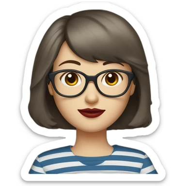 caucasian woman with retro glasses, dark brown hair, a bob haircut, bangs, red lipstick, blue and white striped t shirt sticker
