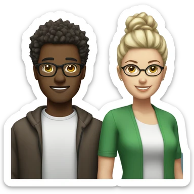 black male with spikey hair and glasses and white female with brown wavy hair , green eyes and glasses sticker