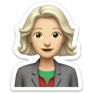 28 old women, white skin, long blond hair, green eyes, red shirt in a gray jacket sticker