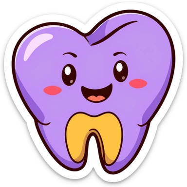 cartoon brown emoji face with purple heart eyes, smiling with a tooth gap and a gold tooth on the side sticker
