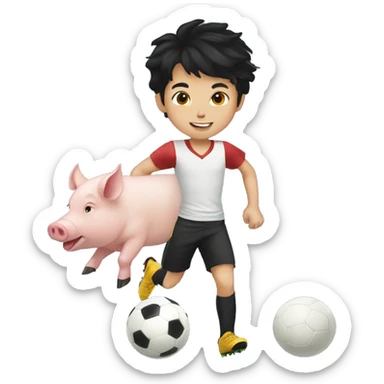12 year old black haired white boy playing soccer with a pig sticker