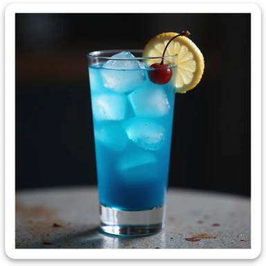 realistic blue lagoon cocktail in tall glass with blue drink, lemon wedge and cherry garnish, photorealistic style sticker