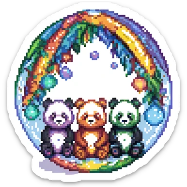 Cinematic still pandas bears sitting inside bubbles flying around San Francisco downtown, sunny summer day, happy vibe, colorfull surround, rainbow sticker