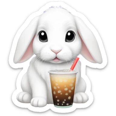 White mini lop rabbit drinking boba tea sticker