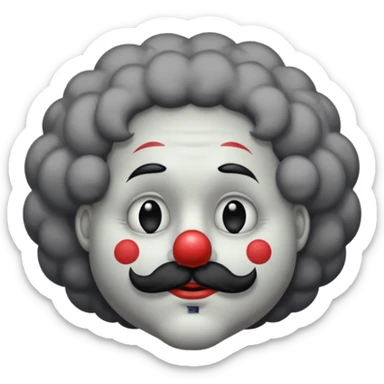 a melancholic clown character with a round gray face, half-closed sleepy eyes with long lashes, a big black round nose, and thick black mustache. Dark fluffy cloud-like hair on the sides of the head.  sticker