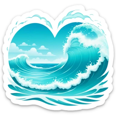 "A heart-shaped ocean scene with crashing waves, reflecting a serene and dreamy atmosphere."
 sticker
