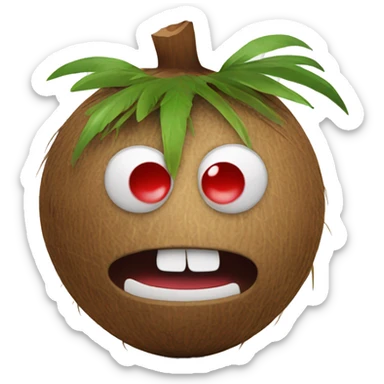 a coconut with a face on it looking down with red, puffy eyes, terrified by what it has done sticker
