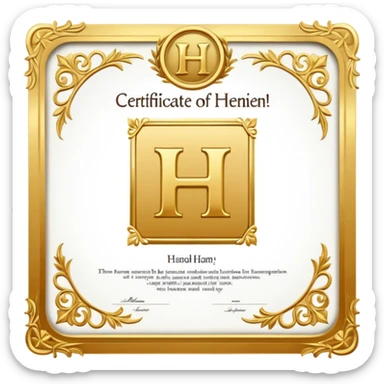 certificate with the letter H inside, gold border sticker