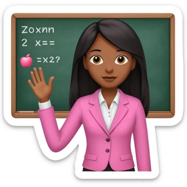 a brown skin teacher with hair with black straight long hair wearing pink not hot pink 2 piece set teaching up on a board sticker
