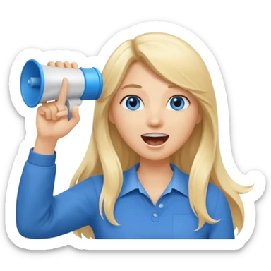  blue eyes blonde girl yelling into megaphone smiling long hair holding up finger sticker