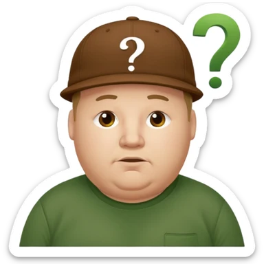 white fat man with brown cap and green t shirt printeed a question mark sticker