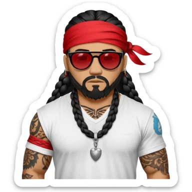 Samoan male. Chin goatee.
Larger XL loose fitting white t-shirt. 
Red bandana. 
Black jeans. 
long black braided hair.
very muscular.
More tattoos. 
Tough and menacing.
All black straight-framed sunglasses. sticker