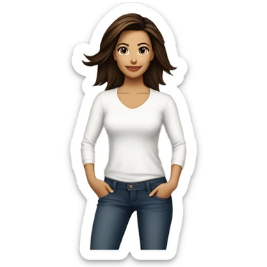 3/4 face, contrasted, shadow, light, Eva Longoria expression, standing from a distance, thin nose, brunette woman, hazel eyes, long eyelashes, dark shoulder shaded hair, white t-shirt, jeans, white sneakers sticker