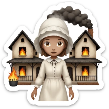 handmaids tale style woman burning house down walking away from house. shes wearing the nun hands maid tale hat cant see her face with brown hair  sticker