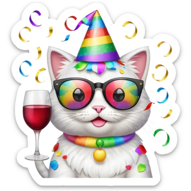 winking happy cat with a giant rainbow party hat, black sunglasses, and a wine glass, surrounded by confetti and streamers, apple emoji style sticker