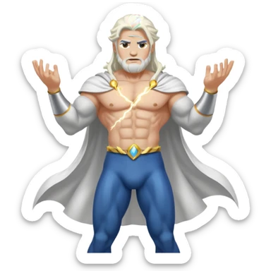 Zeus, whole body, white clothes, long white  hair, lightnings sticker