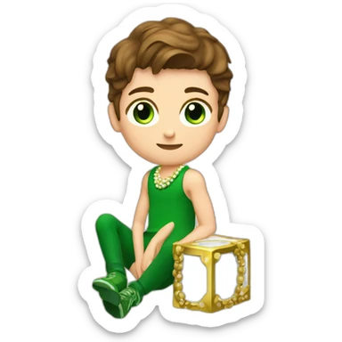 Posh-muscle-boy-brown-hair-green-eyes-pearl-necklace-sitting-on-golden-cube sticker