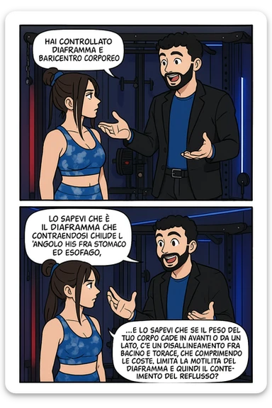 TRASFORMA QUESTO CAROSELLO IN UN FUMETTO STILE WEBTOON/MANGA A COLORI CON QUESTE DUE PERSONE IDENTICHE CHE INTERLOQUISCONO TRA LORO, L'uomo sta spiegando alla donna questo concetto:

LUI (UOMO): Hai controllato diaframma e baricentro corporeo?
LUI (UOMO): Lo sapevi che è il diaframma che contraendosi chiude l’angolo his fra stomaco ed esofago, contenendo la risalita degli acidi grassi?
LUI (UOMO): …e lo sapevi che se il peso del tuo corpo cade in avanti o da un lato, c’è un disallineamento fra bacino e torace, che comprimendo le coste, limita la motilità del diaframma e quindi il contenimento del reflusso? sticker