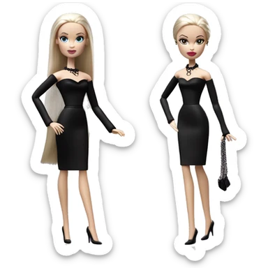  Elegant witch Wednesday Addams Barbie.  Small very light skin face. Earrings with matching necklaces Long silky hair. black flowing strapless tight evening gown neckline that’s off-the-shoulders shows her legs and black high heel shoes. sticker