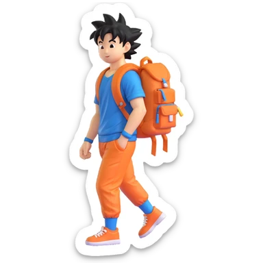 Goku as a student, with a backpack, walking to school, 3D style sticker