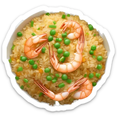 a bowl of gold prawn egg fried rice garnished with sliced garlic and spring onions sticker