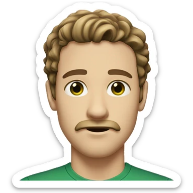 White man with dark green eyes, with long wavy brown hair and mustache sticker