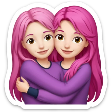 Surprisingly goofy once they open up. Strong, loyal, and incredibly supportive — but still hates wasting time. woman long pink hair hugging another woman with dark hair sticker