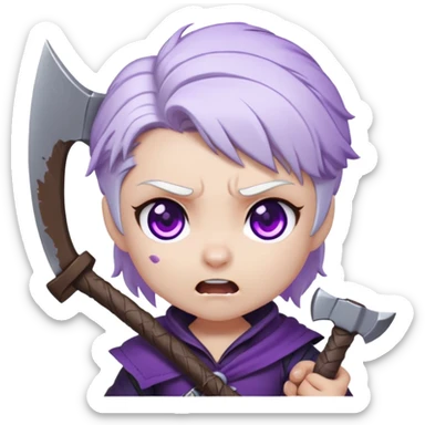 Chibi Sable Ward being hit on the head with a small axe, caught in the act look, white hair with purple streaks, fully purple eyes, dizzy expression sticker