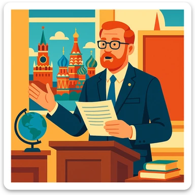 A college director delivering a lecture in a professional academic setting with documents in hand, a globe and books nearby, set in Moscow. sticker