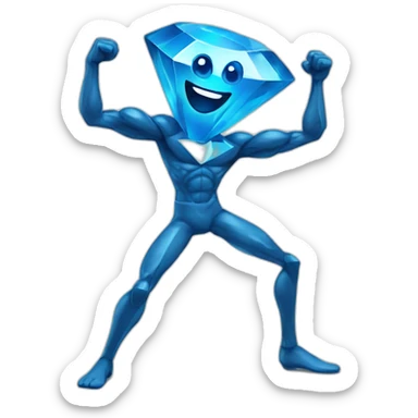 A blue diamond with a face, arms and legs doing something random and with a very happy face sticker