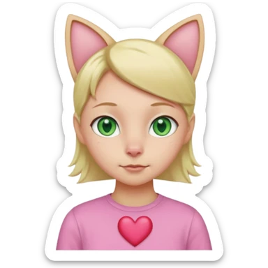 Squareded Ears Pink Skin Green Eyes Cat Shaped Pupils Heart Shaped Forehead Blonde Haired Pink Shirt  sticker