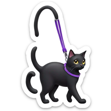 Black cat going for a walk with a purple leash sticker