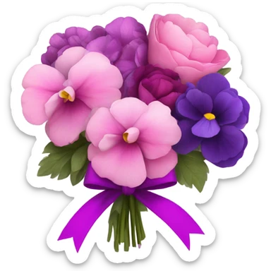 Bouquet composed of pink pansies, violet peonies tied with a dark pink ribbon and in the background purple butterflies sticker