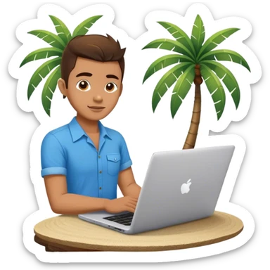 A digital nomad in bali working on a laptop wearing a tropical blue shirt with a palm tree on the side sticker