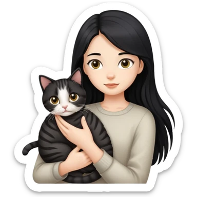 Long black hair girl holding a haired tabby cat sticker