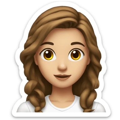 Girl in the radio studio with brown hair and eyes, long hair and white t shirt sticker