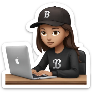 A professional 3D avatar of a young woman with light brown skin and long, dark brown hair, wearing a dark, long-sleeved shirt and a black baseball cap with a prominent white 'B' logo. She's sitting at a sleek wooden desk, typing on a silver MacBook. sticker