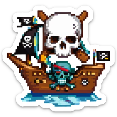 A pirate ship sailing on the open sea, with a skull and crossbones flag flying high, and pirates wearing bandanas and eye patches sticker