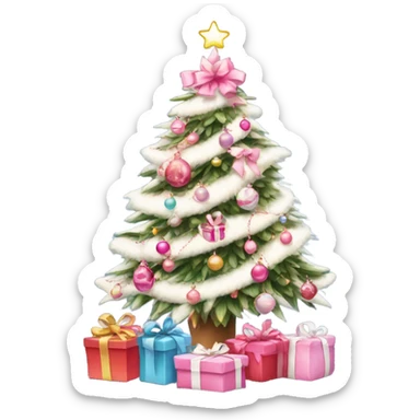 Christmas tree with pink and white decorations and lights with preppy gifts underneath  sticker