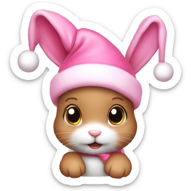 A pink little cute bunny wearing a little cute pink Christmas hat sticker