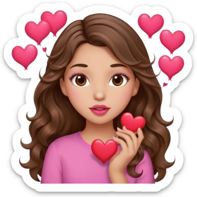 girl with long wavy brown hair, brown eyes, light to medium complexion, in a pink shirt, pink lips, long lashes, puckering up for a kiss, many  hearts in hand sticker