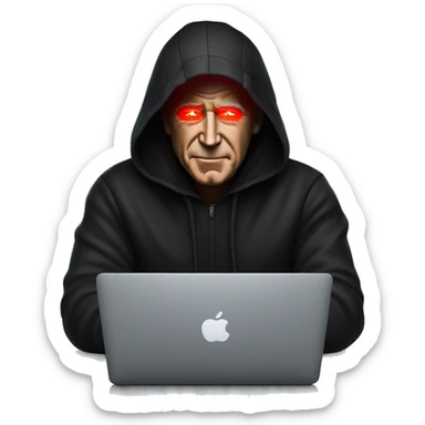 joe biden in a black hoodie with bright red glowing laser eyes typing on a macbook, joe biden, black hoodie, bright red glowing eyes, typing on macbook sticker