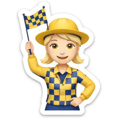 I want a yellow circle emoji holding a yellow and navy blue checkered flag in both hands, wearing a yellow and navy blue hat, dancing, and smiling. sticker