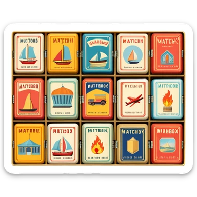 Icon for Matchbox Collecting: a collection of vintage and colorful matchboxes from different places, neatly displayed in a row or in a display case. The icon should reflect the uniqueness and diversity of matchbox collecting. Transparent background. sticker