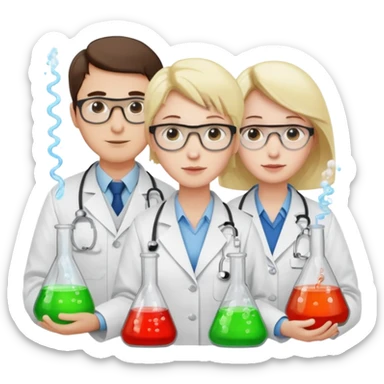 The team of three scientists is waist-deep, surrounded by chemical flasks and books sticker