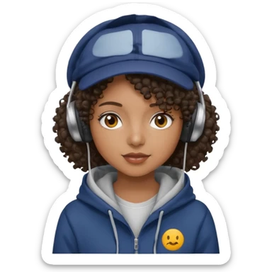 curly haired with headphones in and hoddie  black girl with cap sticker