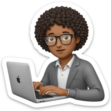 Black man with curly hair and glasses typing on a laptop, emoji style sticker