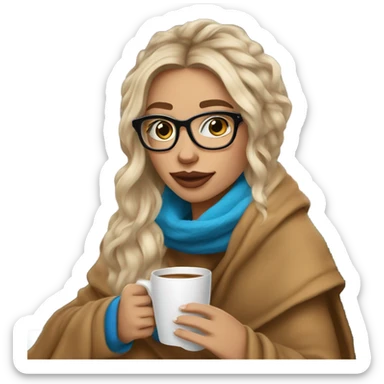 Balayage hair Girl drinking coffee, with a cozy blanket wearing glasses with blue eyes beautiful  sticker