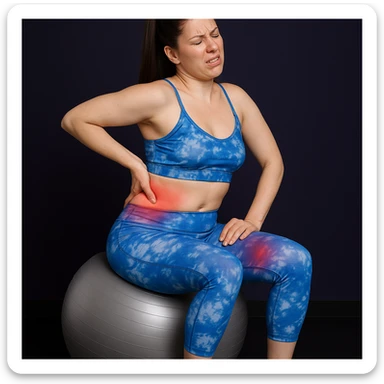A slender woman in 4K, sitting on an exercise ball, trying to stretch her back but stopping, one hand on the lumbar area and the other on the hip, tense face from pain, both areas reddened, inspired by the reference photo. sticker